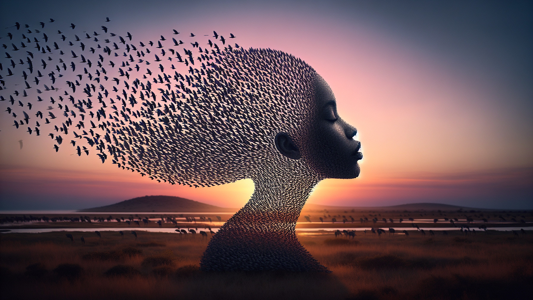 Woman's Hair Transforms into Birds at Sunset