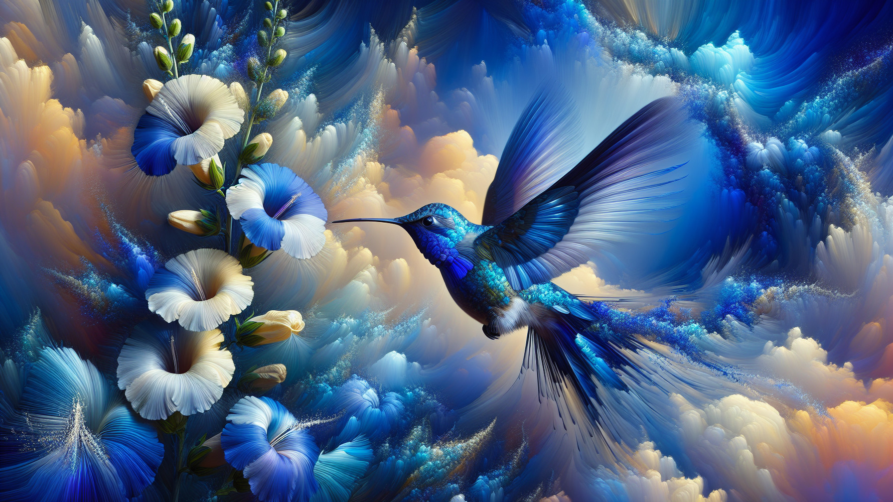 Detailed Digital Painting of Hummingbird and Flowers