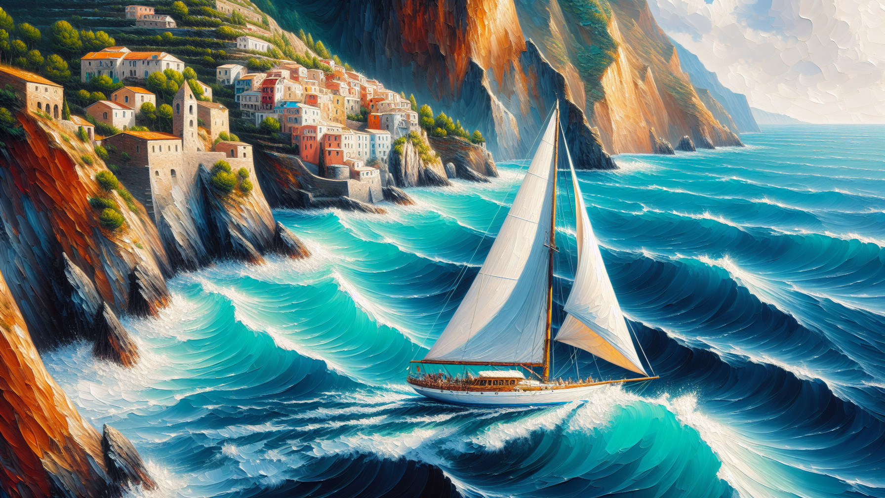 Coastal Scene with Sailboat and Colorful Village