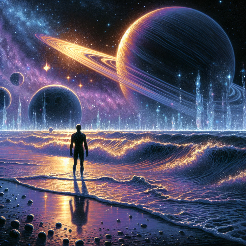 Silhouetted figure by ocean under cosmic scene