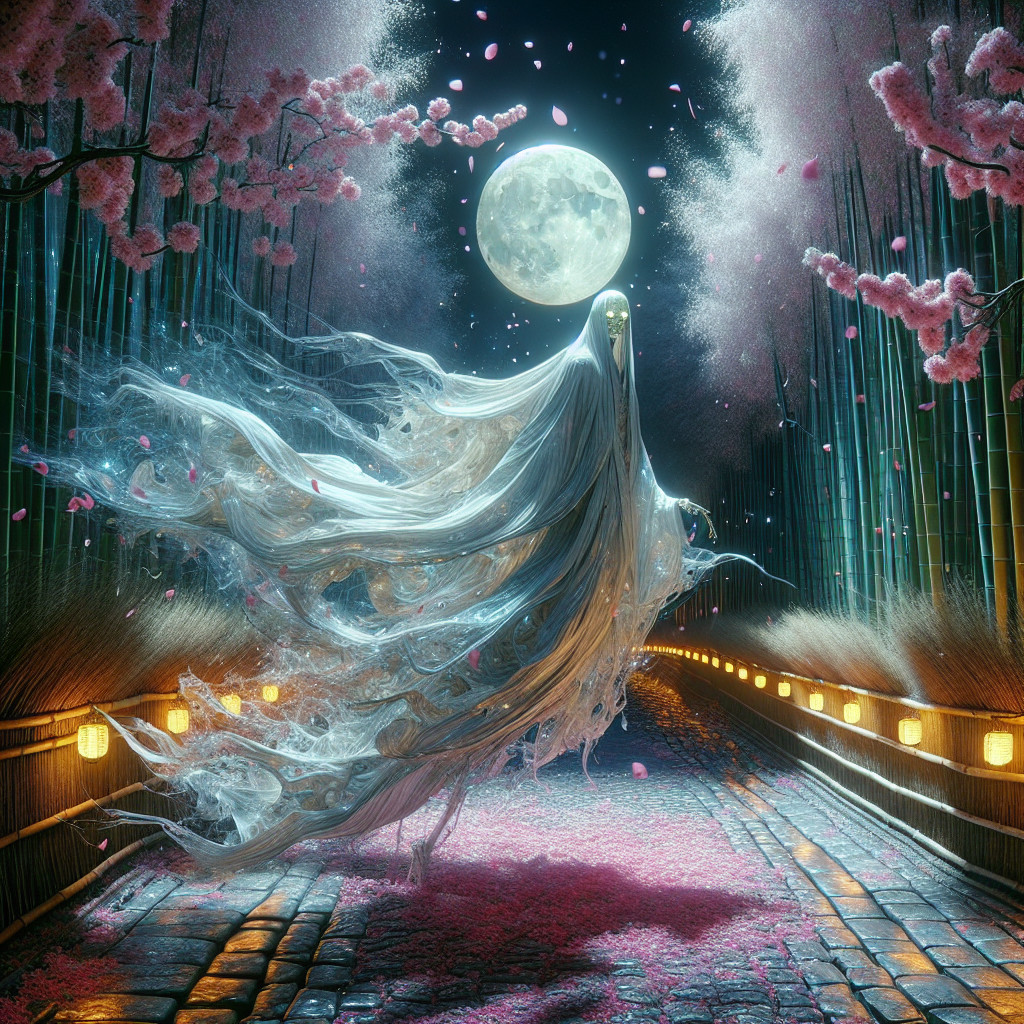 Ghostly Figure in Mystical Bamboo Grove at Night