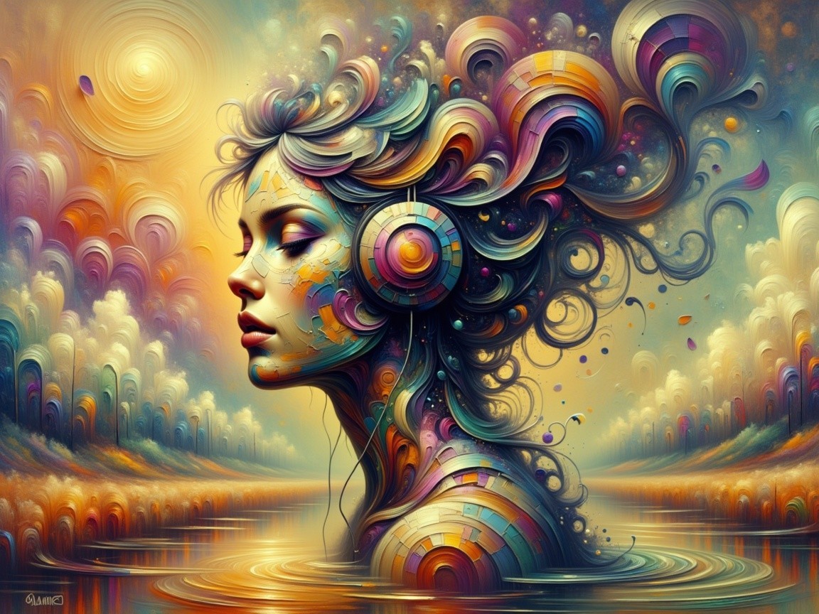 Surreal Woman's Profile with Colorful Patterns and Headphones