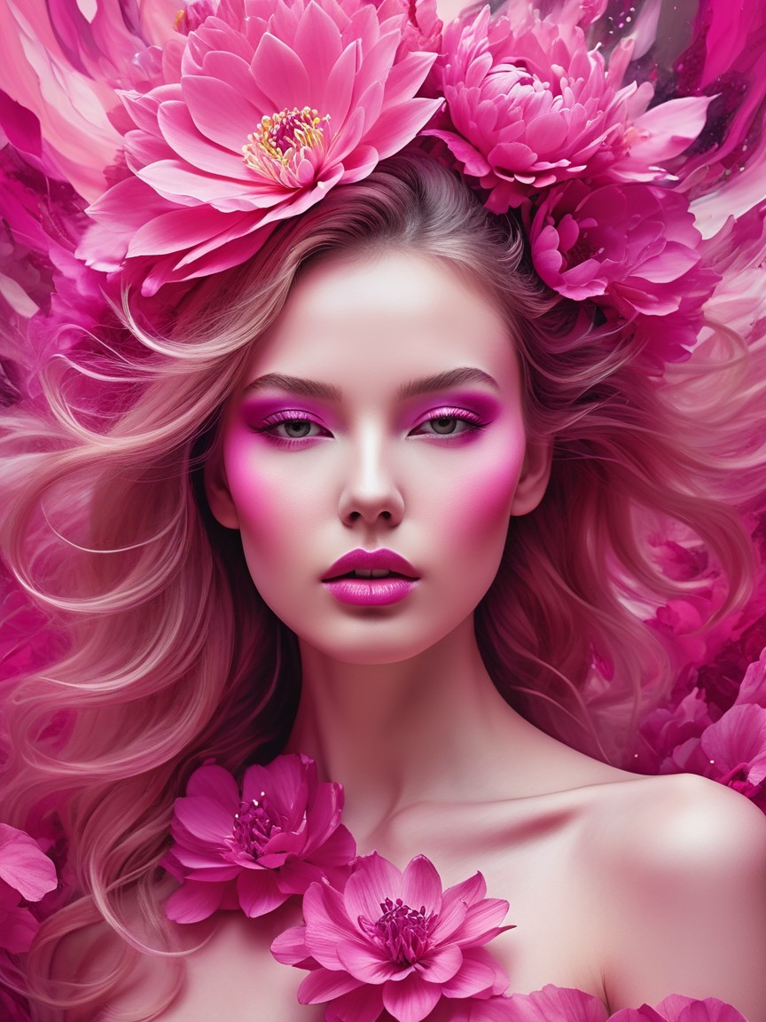 Portrait of a woman with vibrant pink floral accents