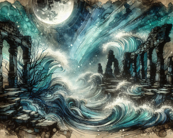 Mystical Waves and Ancient Ruins Under Moonlight