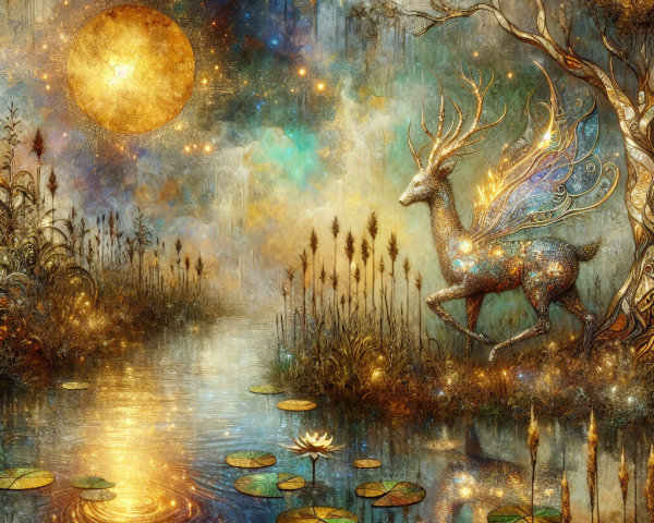 Mystical Landscape with Stag and Iridescent Wings
