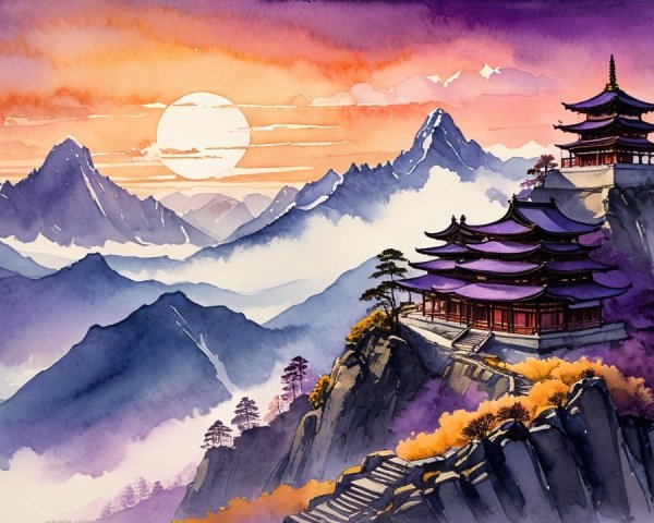 Watercolor Mountain Landscape at Dusk with Pagodas