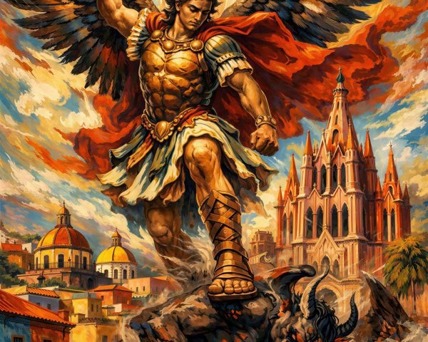 Muscular Warrior Angel in Dynamic Battle Scene