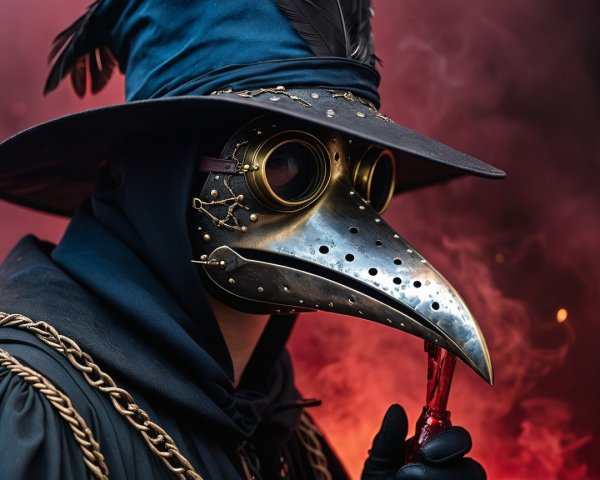 Mysterious cloaked figure with plague doctor mask and vial