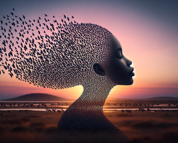 Woman's Hair Transforms into Birds at Sunset