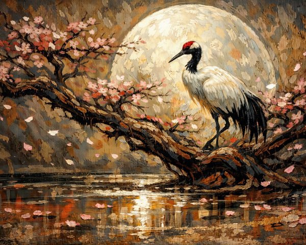 White Crane on Tree Branch with Cherry Blossoms and Moon