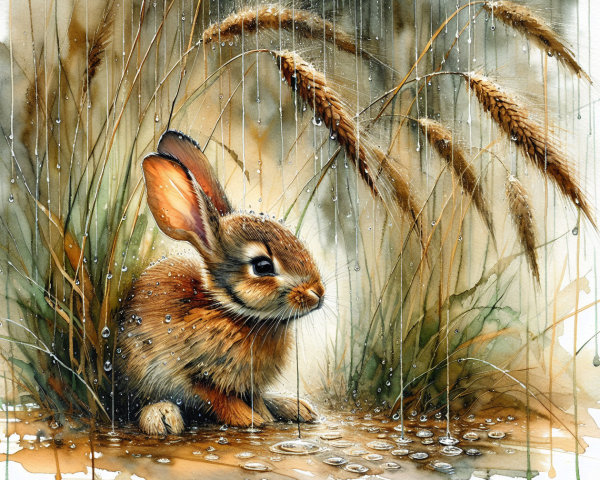 Acrylic Painting of Rabbit in Rainy Grass Setting
