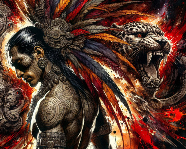 Muscular Figure with Tribal Tattoos and Jaguar Symbolism