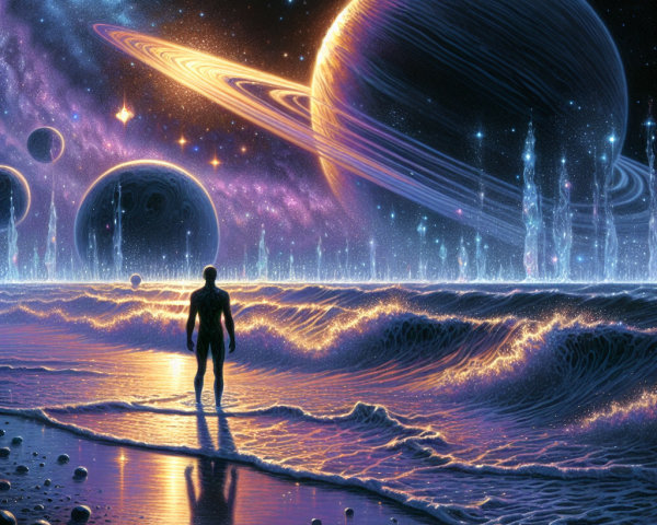 Silhouetted figure by ocean under cosmic scene