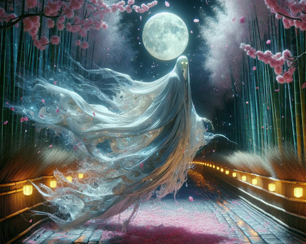 Ghostly Figure in Mystical Bamboo Grove at Night