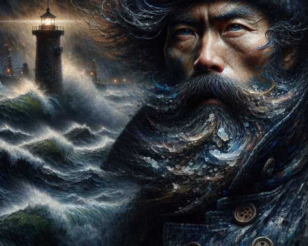 Rugged Man Against Stormy Maritime Backdrop