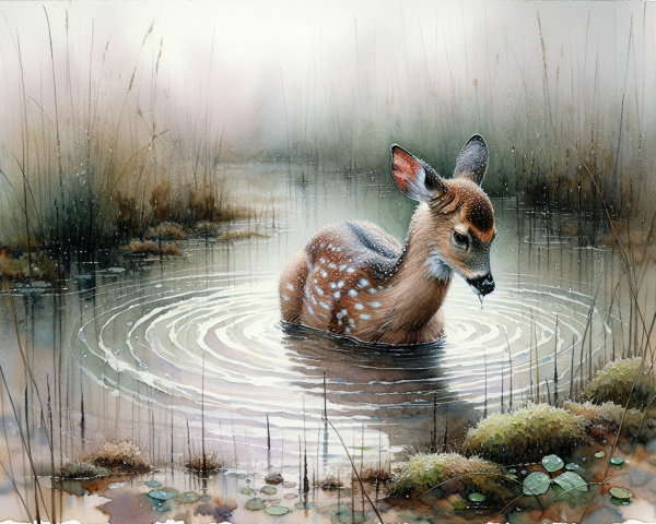 Watercolor Painting of a Fawn in Shallow Water