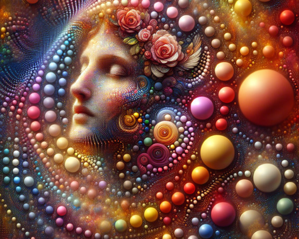 Surreal Woman's Face with Colorful Patterns and Spheres