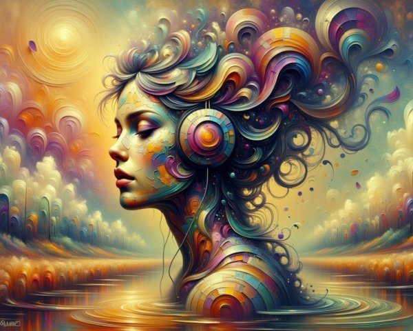 Surreal Woman's Profile with Colorful Patterns and Headphones