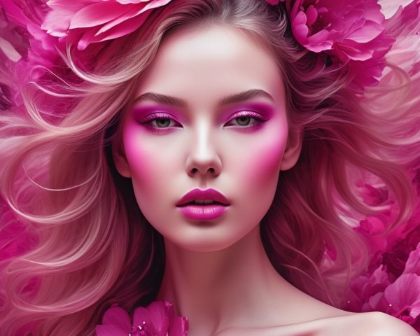 Portrait of a woman with vibrant pink floral accents