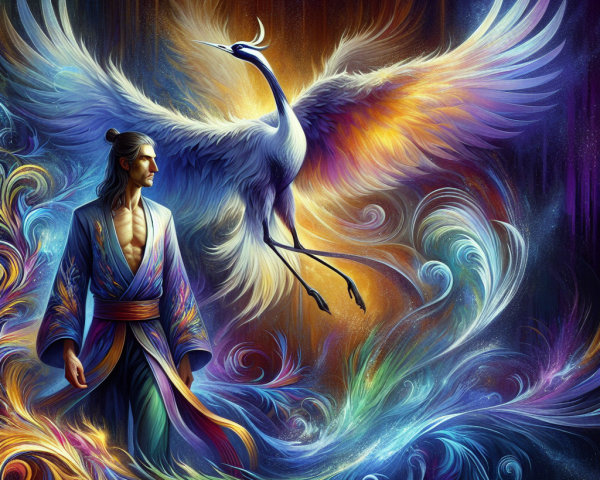 Mystical Scene with Man and Colorful Phoenix Bird