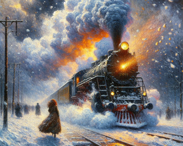 Steam Locomotive in Snowy Landscape at Sunset