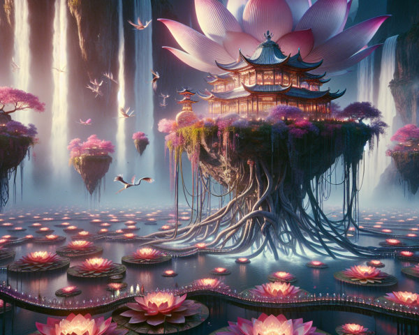 Majestic Lotus Flower in Serene Landscape Setting