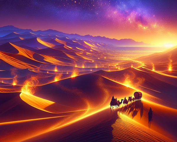Desert Landscape at Sunset with Dunes and Camels
