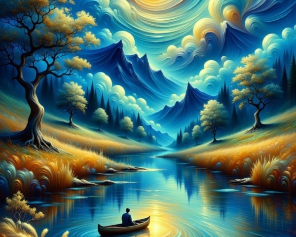 Vibrant River Landscape with Canoe and Sunset Sky