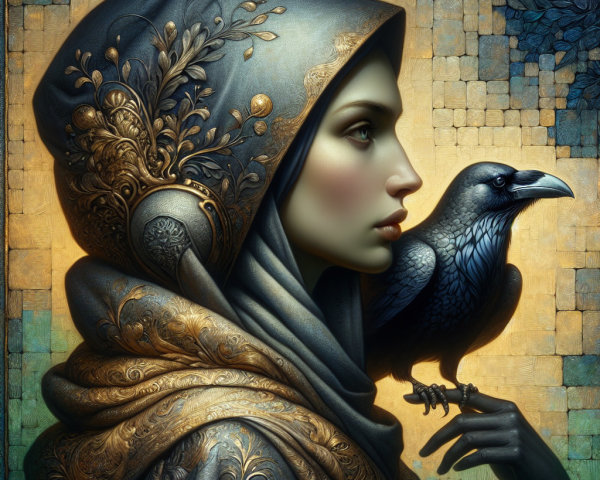 Ethereal Woman with Hood and Raven in Mystical Setting
