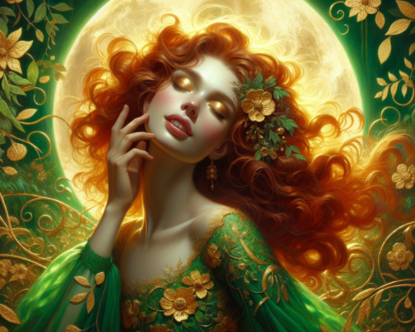 Mystical Woman in Green Gown Surrounded by Nature