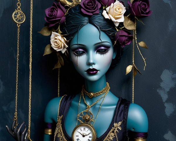 Turquoise Doll with Rose Crown and Intricate Jewelry