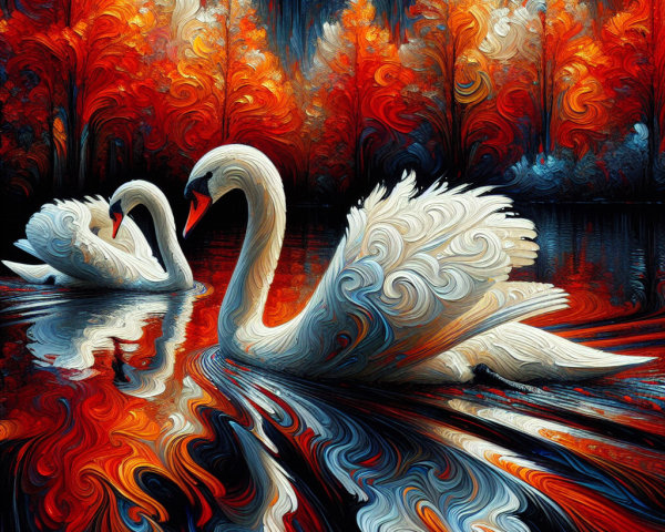 Elegant swans on a tranquil lake in autumn colors