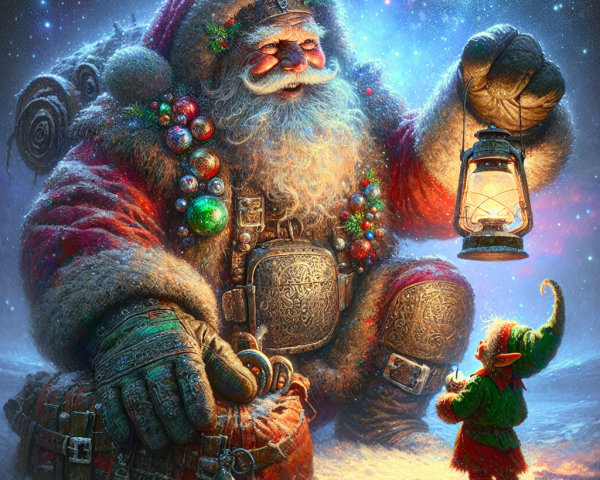 Giant Santa Claus with Elf in Fantasy Snowy Scene