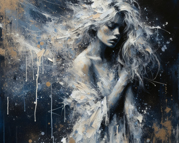 Ethereal Artwork of Woman with Flowing Hair in Blue