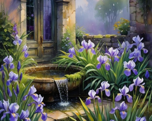 Serene garden with stone doorway and blooming irises