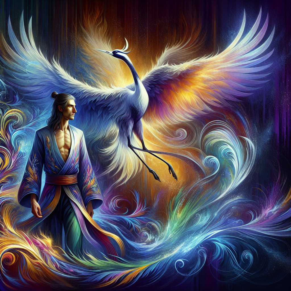 Mystical Scene with Man and Colorful Phoenix Bird