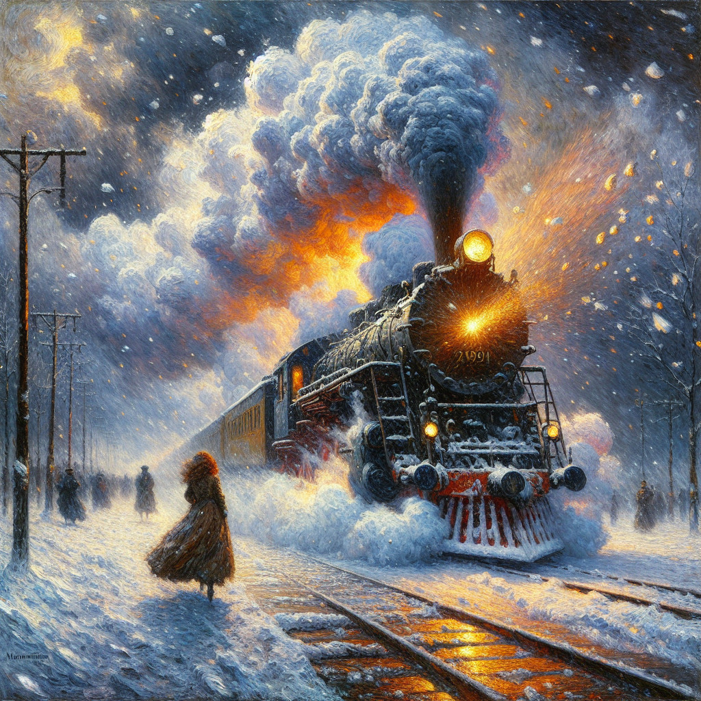 Steam Locomotive in Snowy Landscape at Sunset