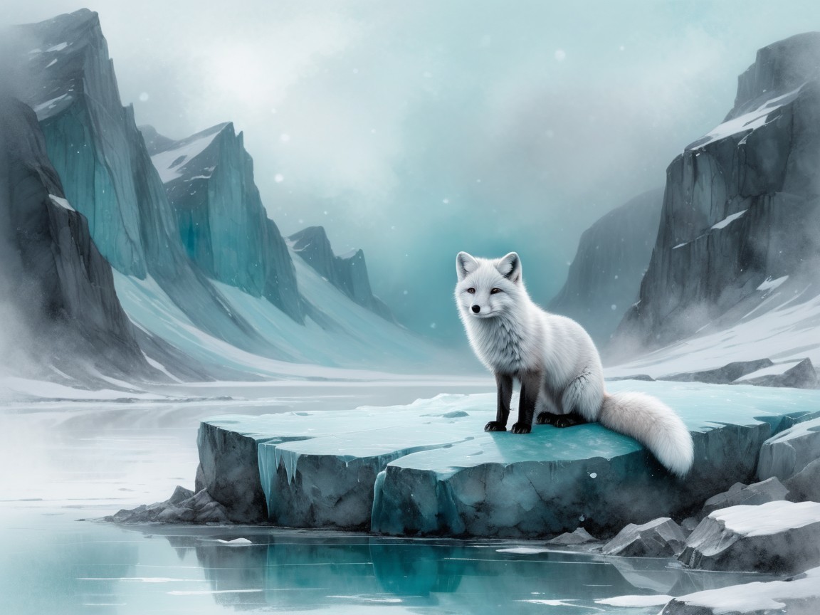 Arctic Fox in Serene Icy Landscape with Snowflakes
