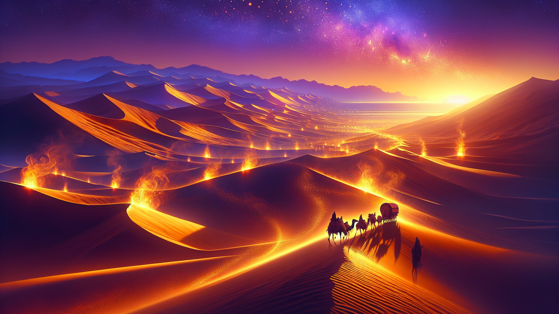 Desert Landscape at Sunset with Dunes and Camels