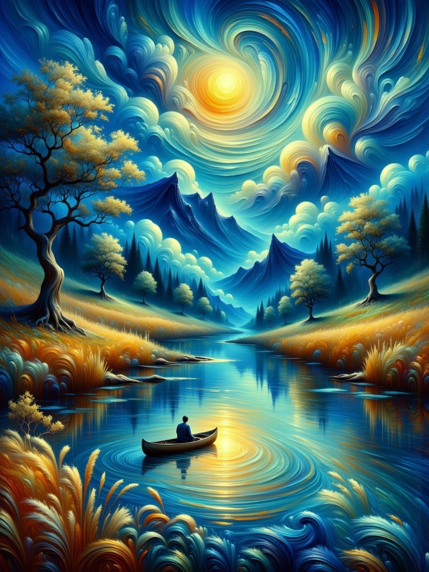 Vibrant River Landscape with Canoe and Sunset Sky