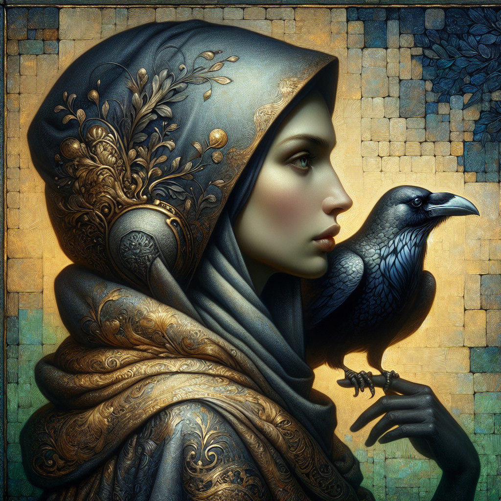 Ethereal Woman with Hood and Raven in Mystical Setting