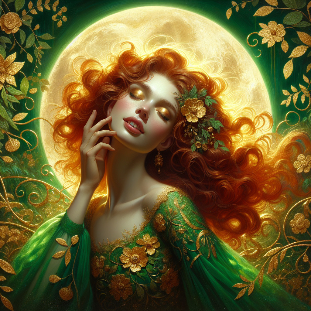 Mystical Woman in Green Gown Surrounded by Nature