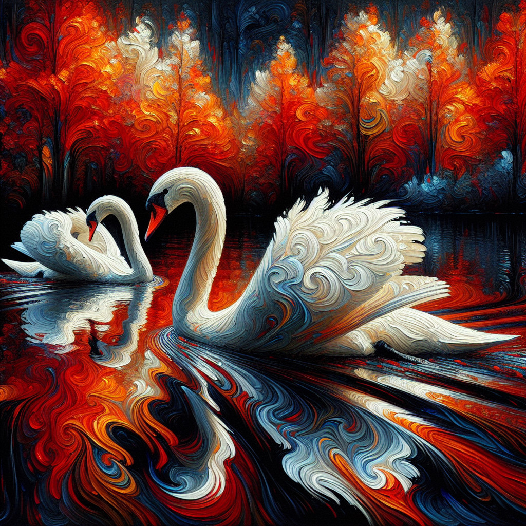 Elegant swans on a tranquil lake in autumn colors