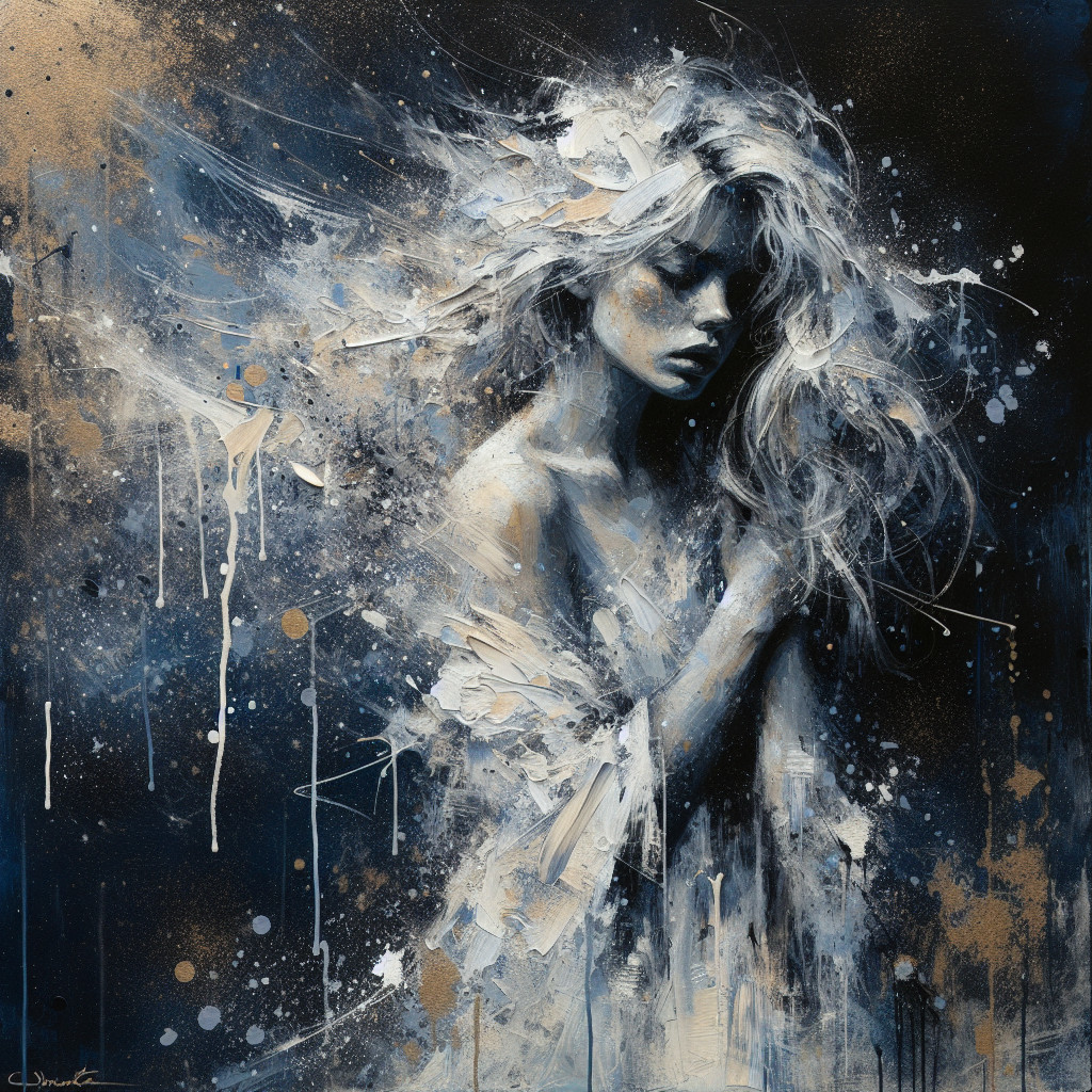 Ethereal Artwork of Woman with Flowing Hair in Blue