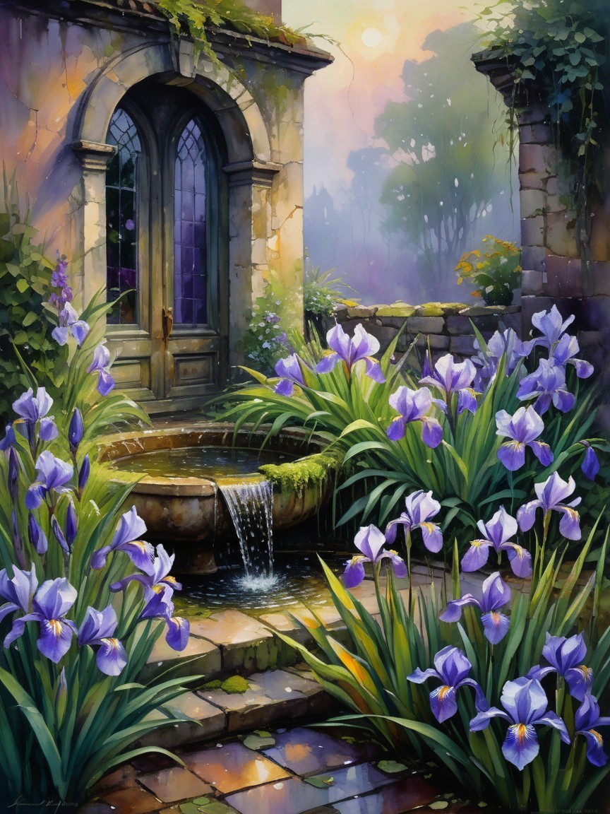 Serene garden with stone doorway and blooming irises