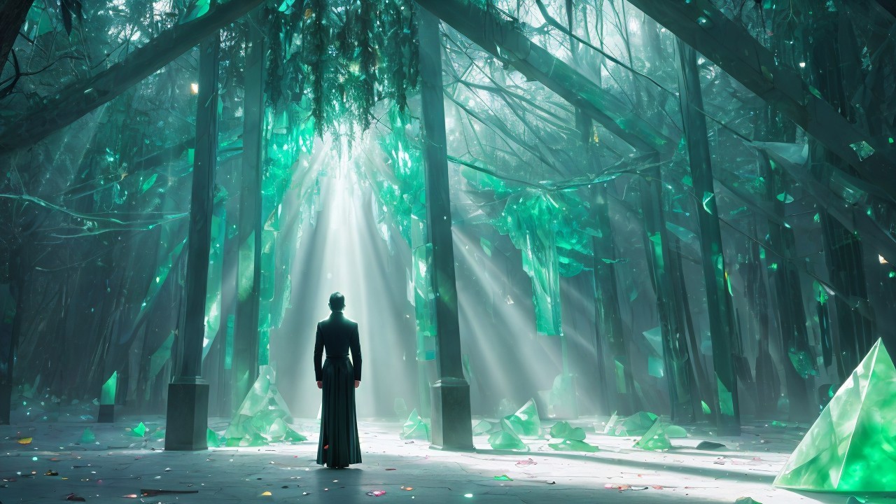 Mystical Forest with Dark Robe and Green Crystals
