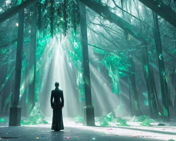 Mystical Forest with Dark Robe and Green Crystals