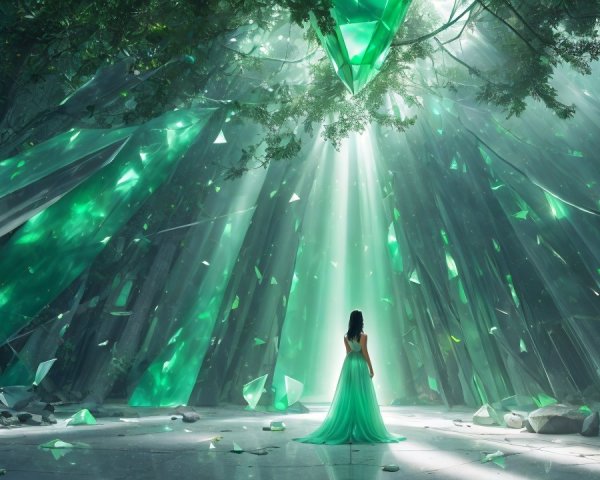 Mystical Forest with Emerald Crystals and Sunbeams