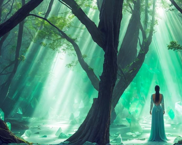 Mystical forest with ethereal light and green crystals