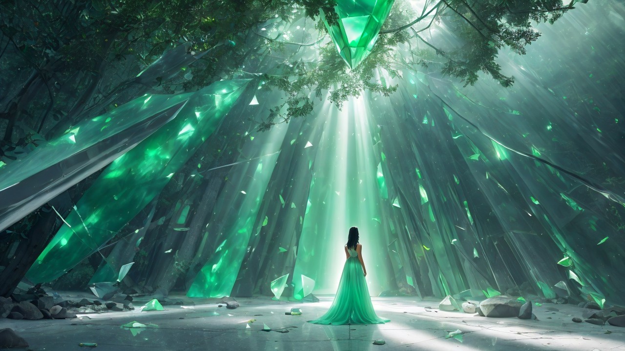 Mystical Forest with Emerald Crystals and Sunbeams